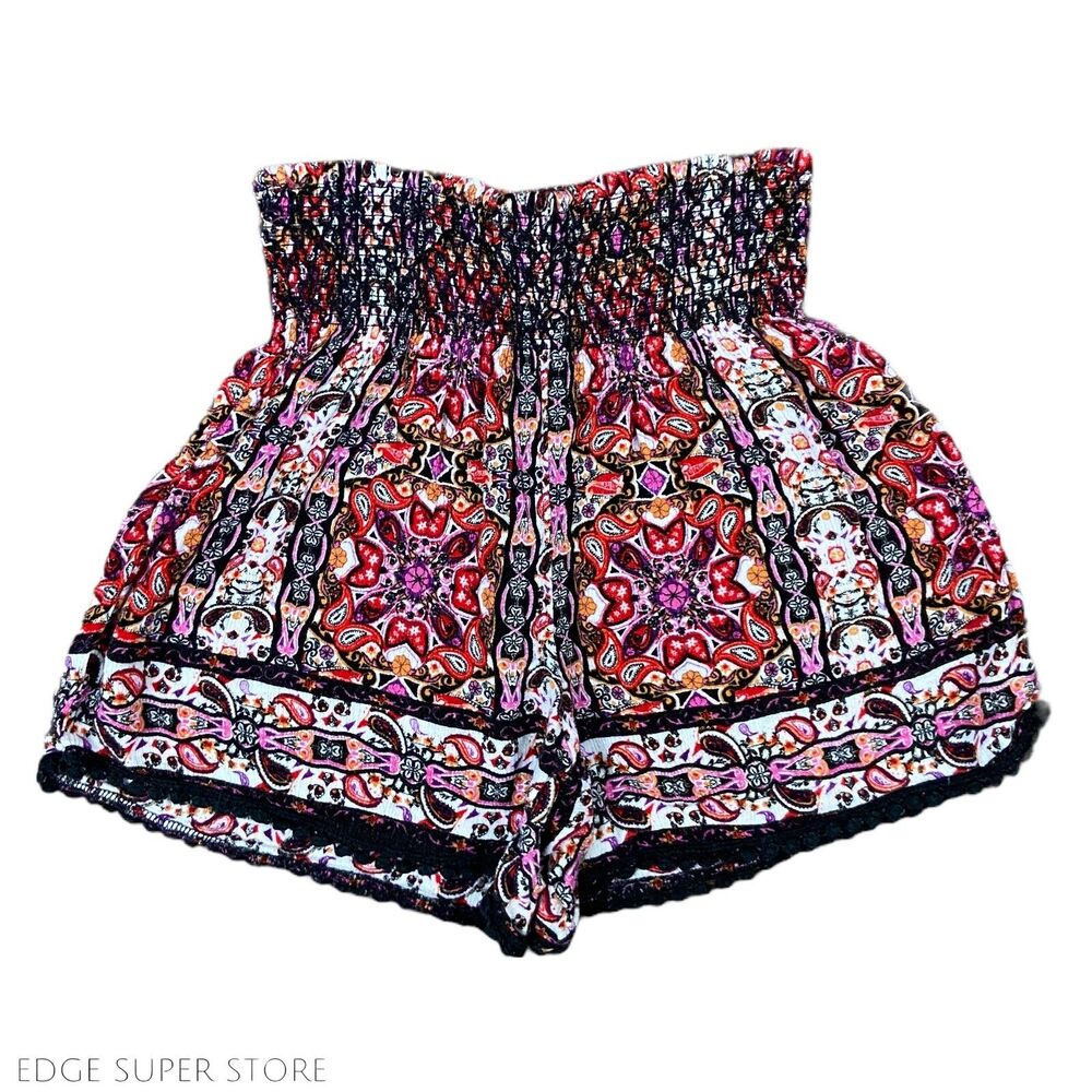 Rue 21 Pink Black Rayon Tribal Print Stretch Mini 3” Inseam Shorts Size Medium
